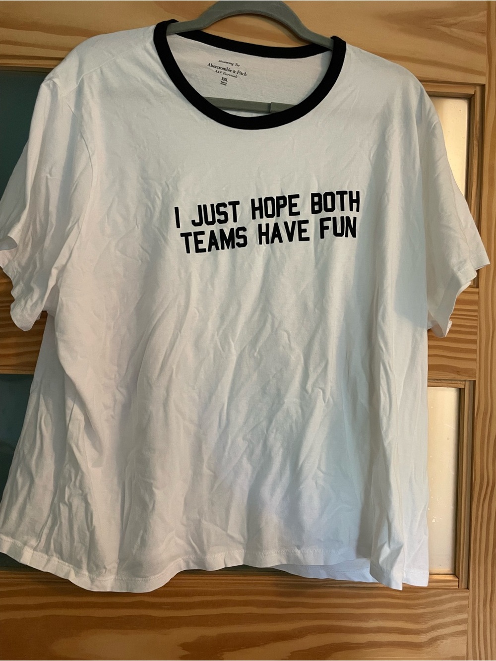 White womans Graphic Tee with Black Trim - I Just Hope Both Teams Have Fun